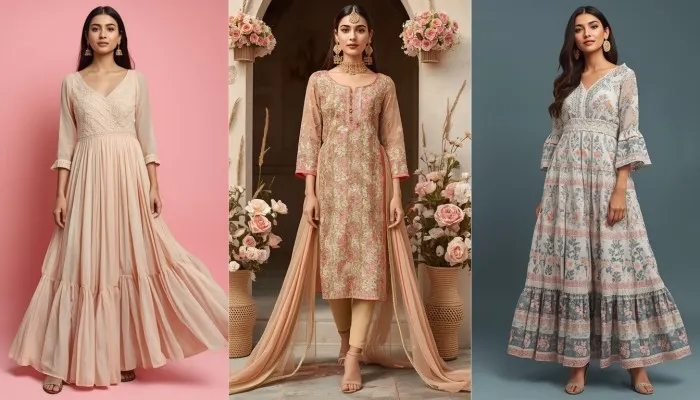 Collage of stylish festival dresses for ladies: flowy pastel maxi, sparkly traditional kurti, and printed anarkali under 1000 rupees