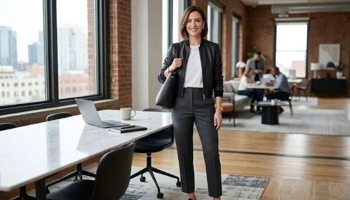 Office-ready smart casual look with a matte black cropped leather bomber and tailored pants.