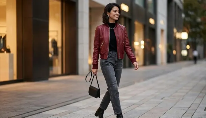 Trendy cherry red cropped leather bomber jacket for women, a top 2026 fashion color.