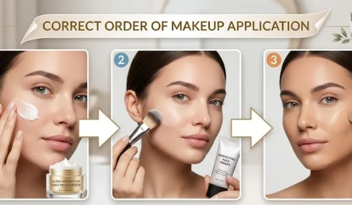 Infographic showing the correct order of makeup application starting with moisturizer, then primer, followed by foundation.