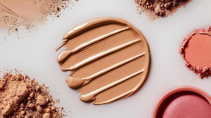 Various makeup foundation types including liquid, cream, and powder swatches next to a clear primer gel.