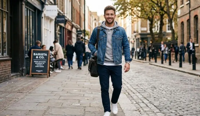 Casual look of a man wearing an unbuttoned blue denim jacket over a mid-weight grey hoodie, with the hood neatly styled out over the jacket collar.