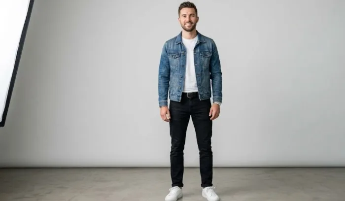 Full-body studio shot of a man wearing a medium-wash blue denim jacket over a white t-shirt, paired with contrasting black jeans and clean white sneakers.