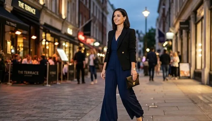 A sophisticated evening look featuring a navy blue crepe wide-leg jumpsuit with a V-neckline, styled with black pointed-toe heels and a sleek black blazer.