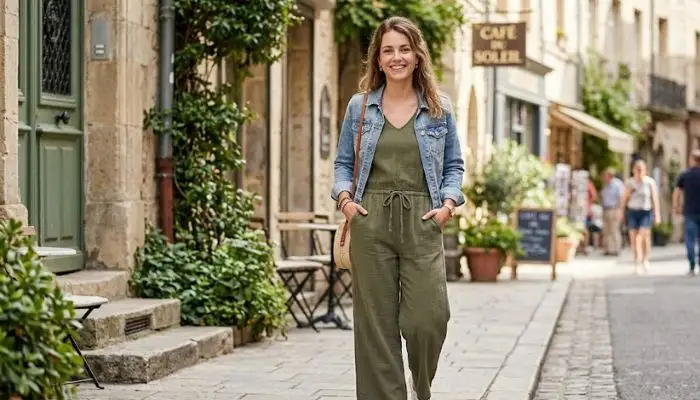A woman modeling a casual olive green cotton wide-leg jumpsuit paired with white canvas sneakers and a light blue denim jacket rolled up at the sleeves.