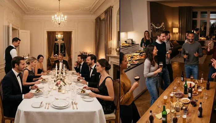 Comparison of different styles for formal dinner parties vs. casual house parties.
