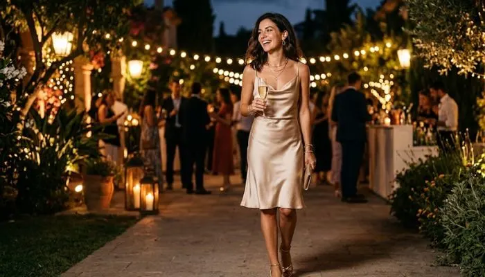 A woman wearing a stylish satin slip dress for a summer night party.