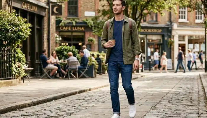 A slim man wearing a mid-weight crew neck t-shirt layered with an open, casual overshirt and clean white sneakers