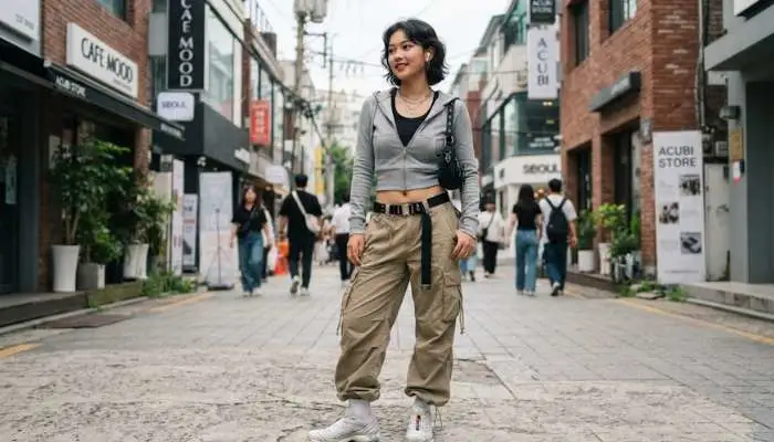 Gen Z teenager wearing an Acubi aesthetic outfit with a grey fitted zip hoodie and low-slung khaki cargo pants