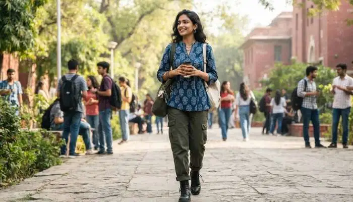 College student wearing a stylish short kurti paired with utility cargo pants and black boots