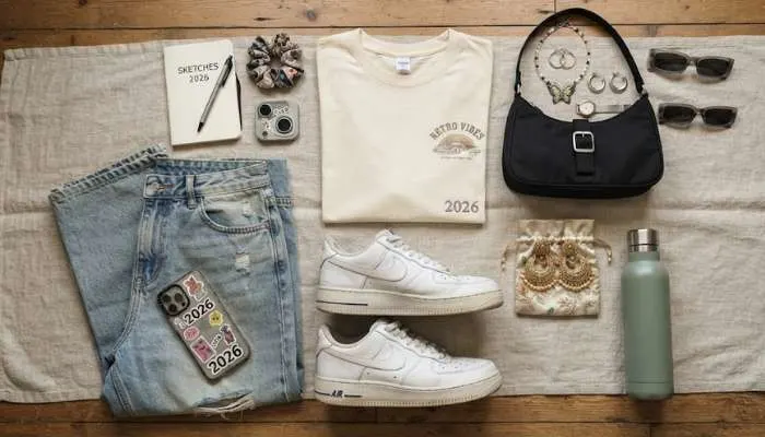 Flat lay of 2026 teenage wardrobe essentials including white sneakers, traditional jhumkas, and a baby tee