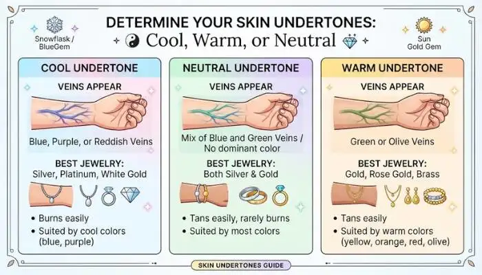 Infographic showing how to determine cool, warm, and neutral skin undertones using wrist veins and jewelry.