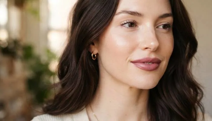 Close-up of a model with fair skin and dark hair wearing a natural mauve MLBB lipstick shade.