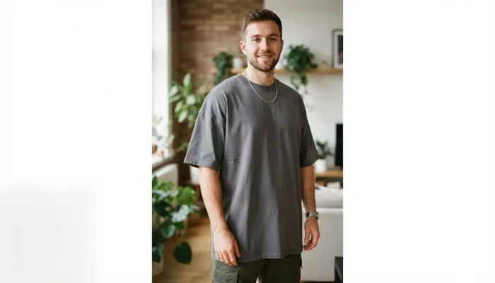 Close-up of a man showing correct drop-shoulder seam placement and mid-thigh length on an oversized shirt.