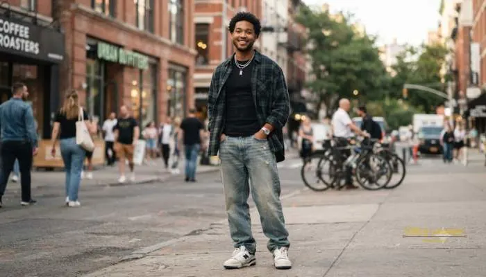 Man wearing an open oversized shirt layered over a fitted black t-shirt with baggy jeans and chunky sneakers.