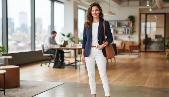 Smart casual office outfit featuring white jeans, a structured blazer, and loafers