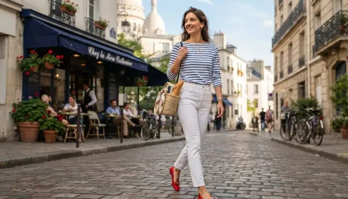 French-inspired outfit featuring a blue and white striped shirt paired with white jeans and red flats