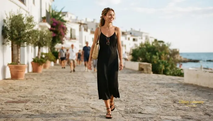 Woman wearing a black slip dress and flat sandals for a summer minimalist look