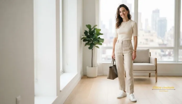 Casual minimalist outfit featuring a grey sweater, jeans, and loafers