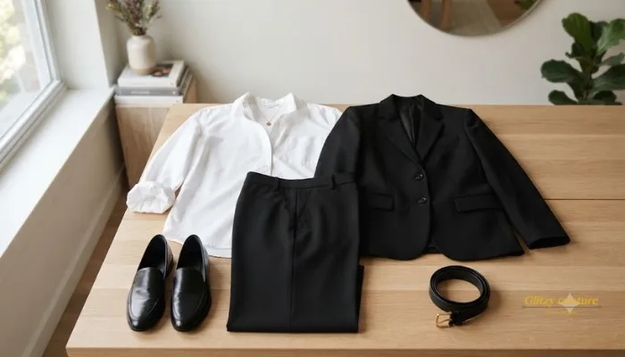 Essential minimalist wardrobe basics including a white shirt, black trousers, and blazer