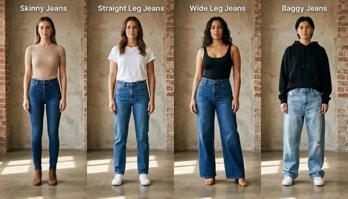 Visual comparison guide of four denim cuts showing skinny straight wide leg and baggy jeans