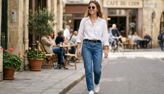 Casual outfit featuring straight leg jeans with an oversized button-down shirt styled with a French tuck