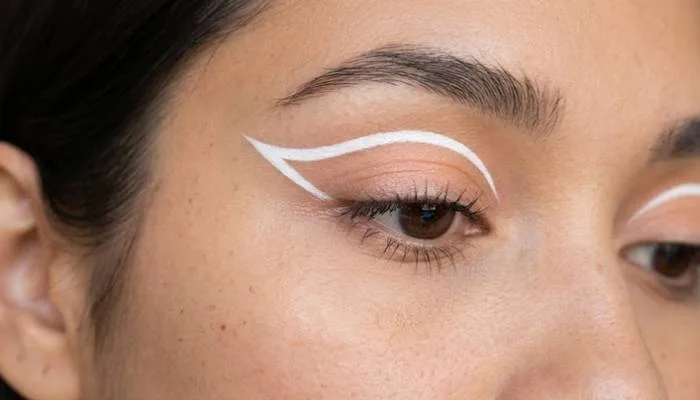 Close-up of a beginner-friendly white floating line graphic eyeliner look above the crease