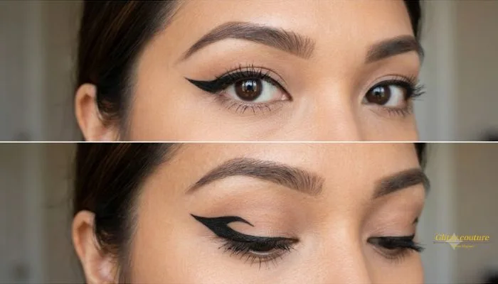 Batwing cat eye makeup technique on hooded eyes showing open and closed eye views