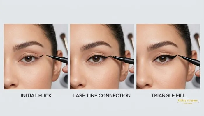 Step-by-step application of cat eye liner showing the initial flick, lash line connection, and triangle fill