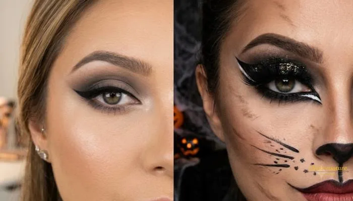 Side-by-side view of a soft smokey cat eye makeup look next to a dramatic Halloween cat makeup style